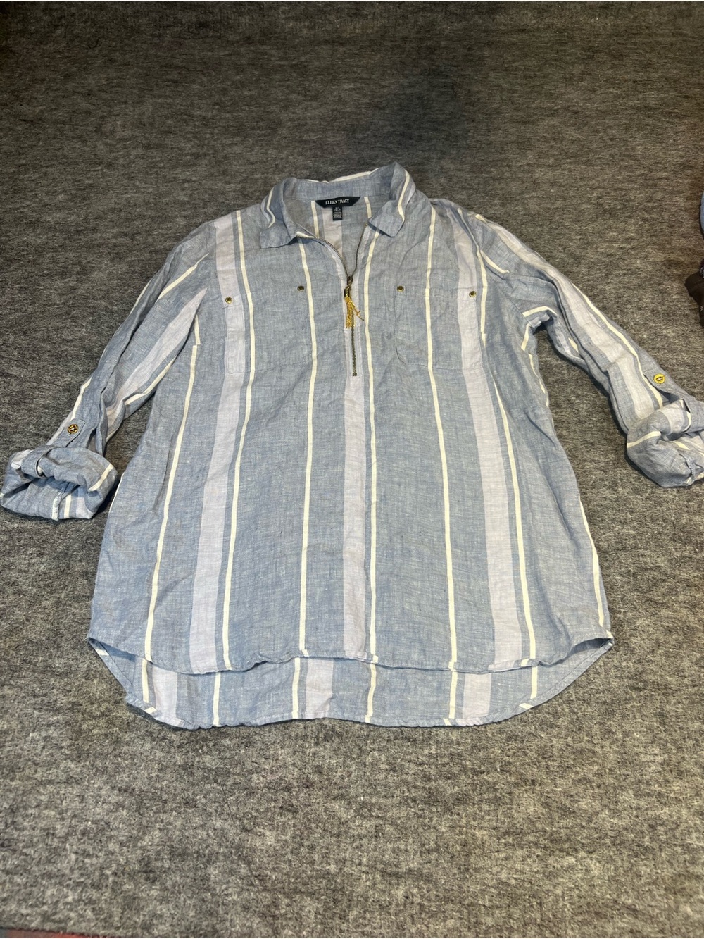 Ellen Tracy Tunic linen Top large  Blue Striped Excellent  Zip Roll Tab
